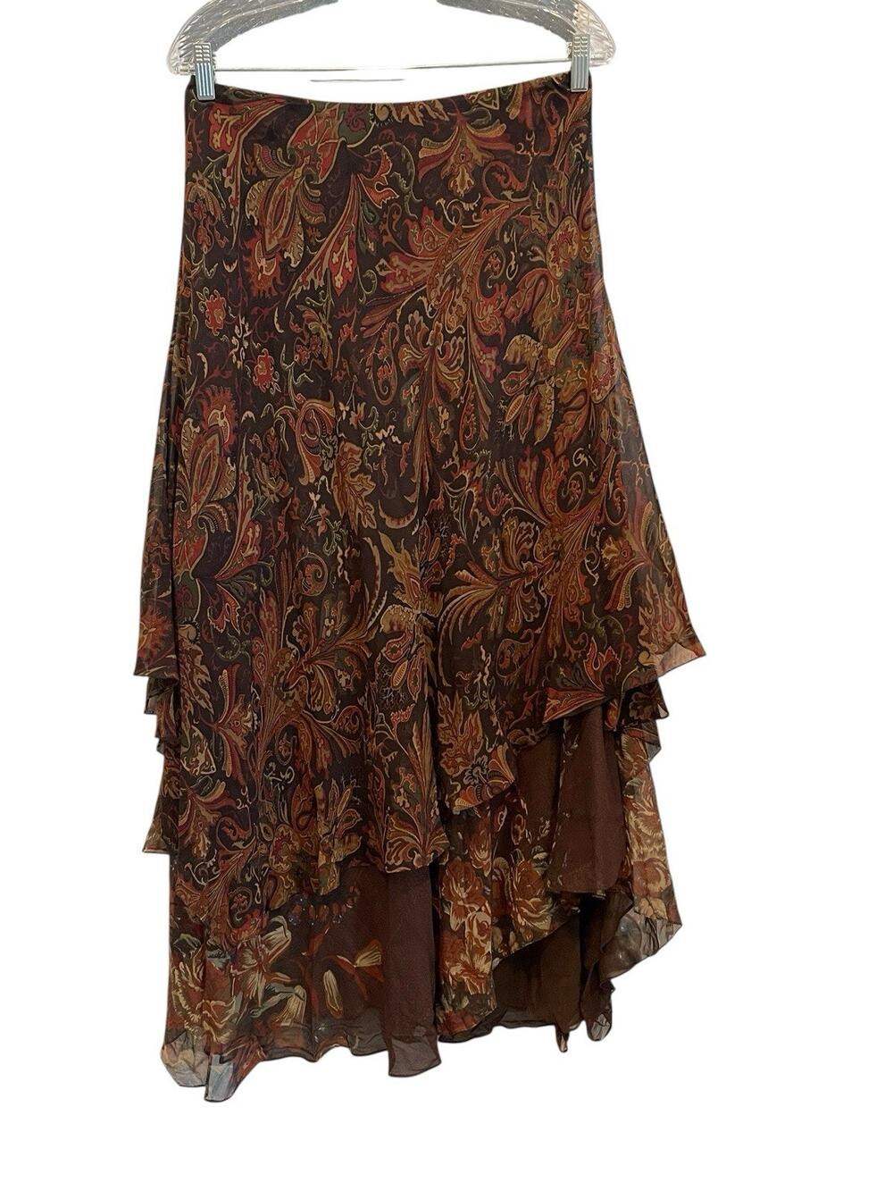 RALPH LAUREN Size 8 Brown & Red Paisley & Plaid Silk Layered Ruffle Skirt
